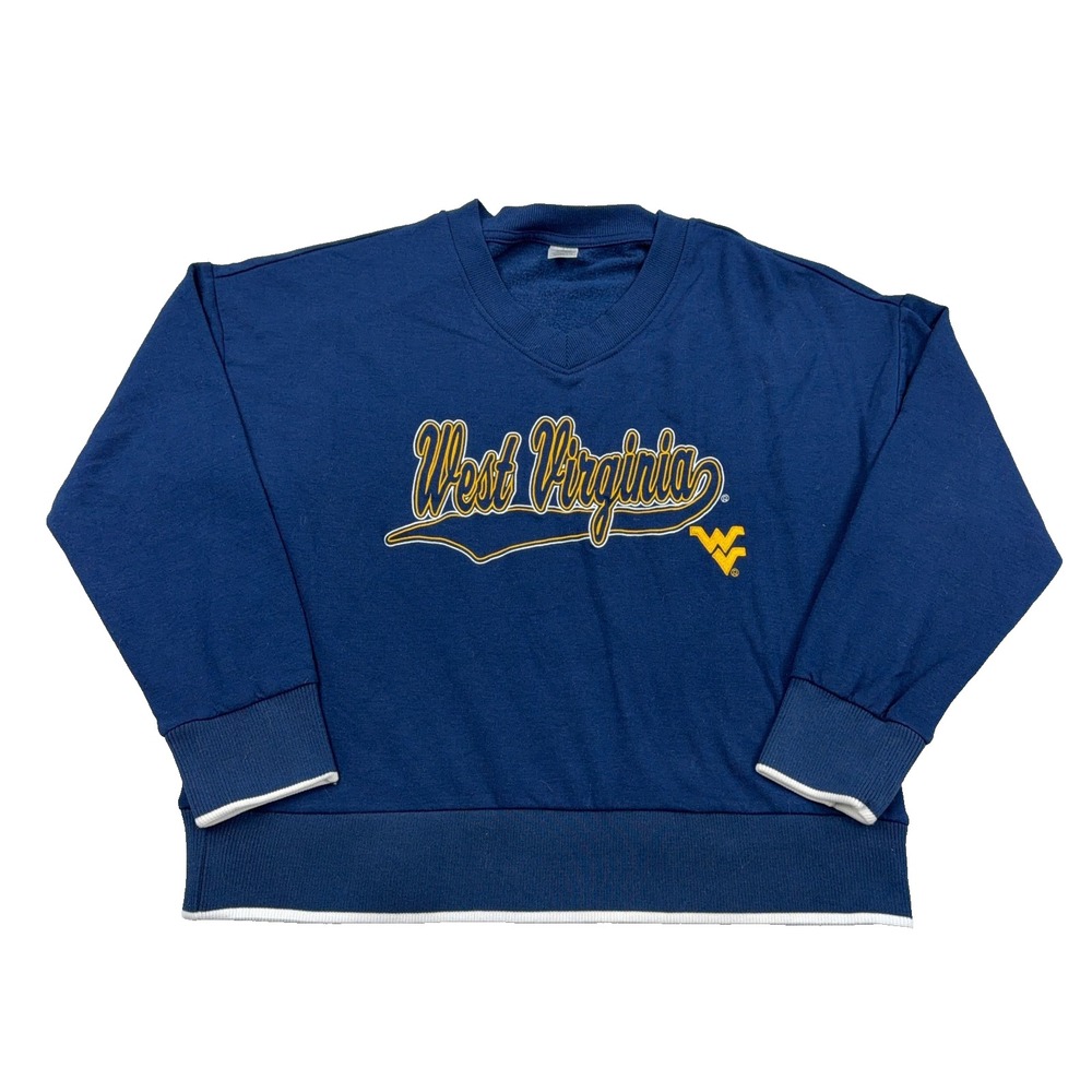 West Virginia Mountaineers Sweatshirt Women Medium Blue Sweater WVU Script Retro